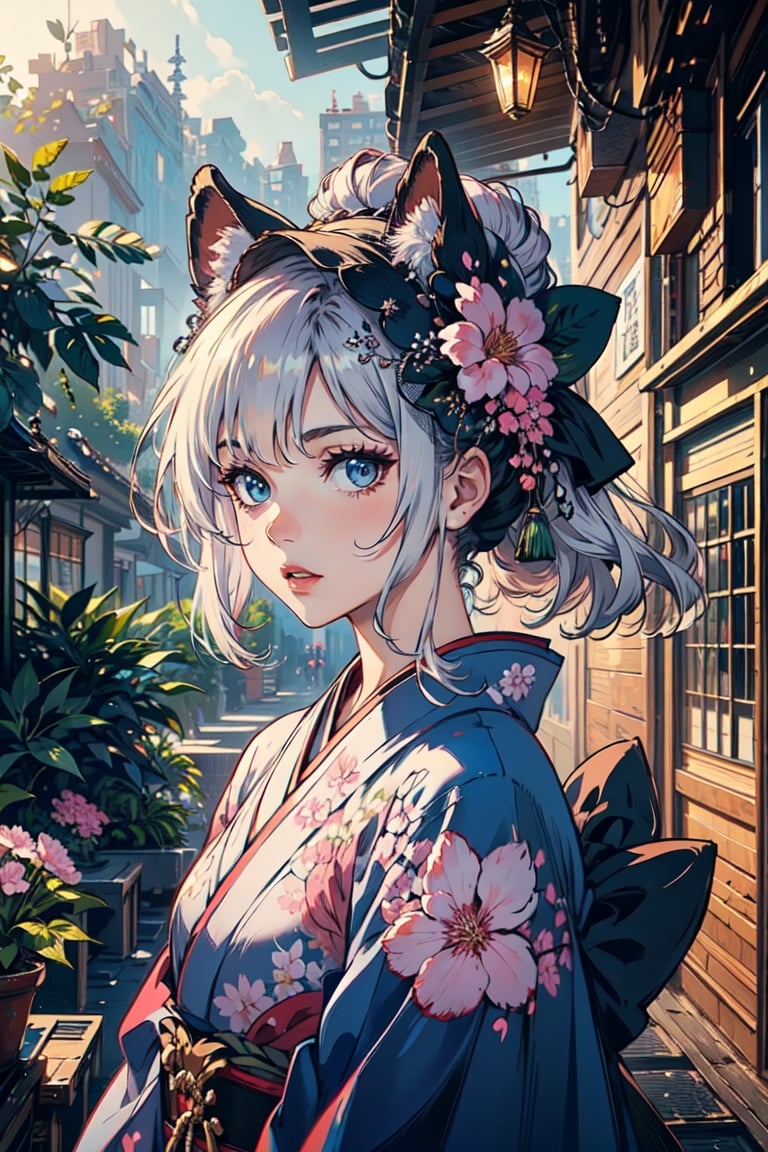 A girl, wearing kimono, trees, sakura, flowers, day, (Cinematic lighting, ethereal light, intricate details, extremely detailed, incredible details, full colored), complex details, hyper maximalist, gorgeous light and shadow, detailed decoration, detailed lines. masterpiece, best quality, HDR, UHD, unreal engine. looking at the camera, fair skin, beautiful face,More Detail,photo of perfecteyes eyes