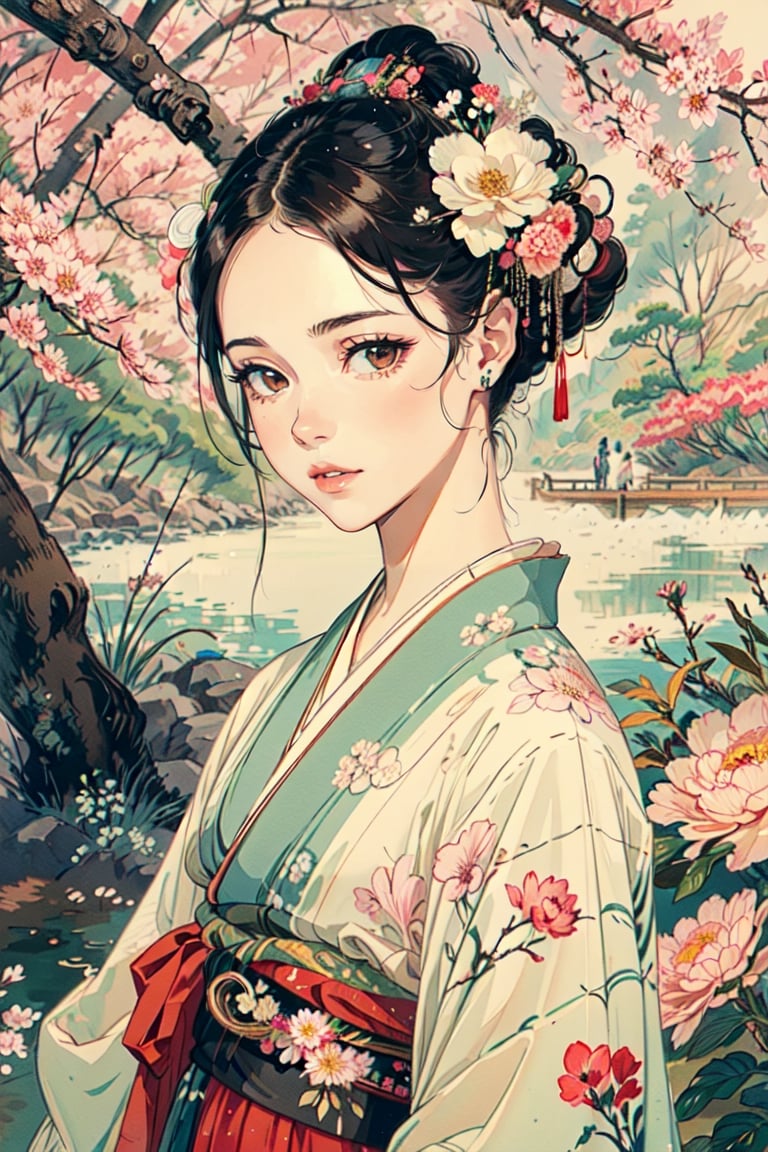 A girl, wearing kimono, Japanese traditional garden, a sakura tree, flowers, day, (Cinematic lighting, ethereal light, intricate details, extremely detailed, incredible details, full colored), complex details, hyper maximalist, gorgeous light and shadow, detailed decoration, detailed lines. masterpiece, best quality, HDR, UHD, unreal engine. looking at the camera, fair skin, beautiful face,A Traditional Japanese Art,