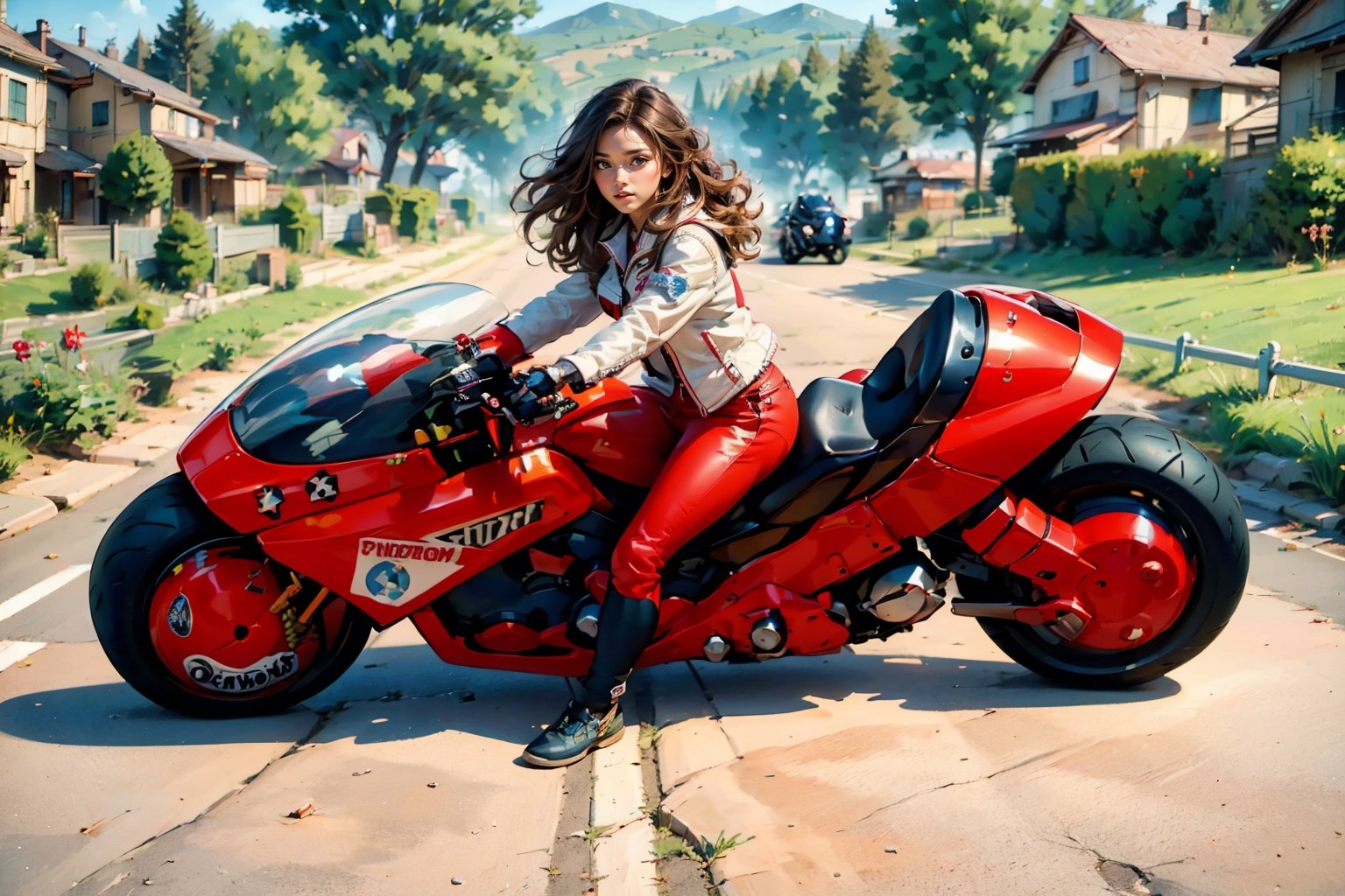 A glamorous woman astride a powerful motorcycle, cruising through picturesque countryside landscapes. Her sleek white leather jacket and pants gleams in the sunlight, while her flowing hair dances in the wind. Surrounding her are rolling hills, lush green fields, and winding country roads, creating a stunning backdrop for her adventurous journey. (masterpiece, top quality, best quality, official art, beautiful and aesthetic:1.2), (1girl:1.4), blonde hair, extreme detailed, highest detailed, highres, natural volumetric lighting and best shadows, highly detailed face, highly detailed facial features,  ((1 girl on motorcycle )), Detailedface, prefect detail, krsbk,Camila Noceda