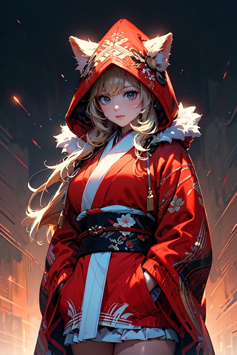 A girl with long blonde hair, fur hooded kimono, red hooded kimono, miniskirt, night streets. (Cinematic lighting, ethereal light, intricate details, extremely detailed, incredible details, full colored), complex details, hyper maximalist, masterpiece, best quality, HDR, UHD, unreal engine. head to thigh