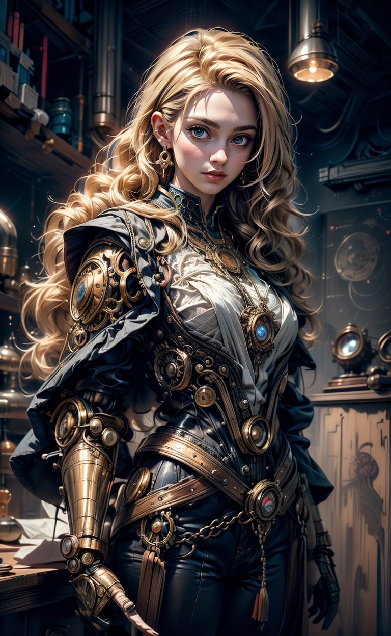 1girl, steampunk style, flowing blonde hair, boots,  detailed steampunk background, (masterpiece, top quality, best quality, official art, beautiful and aesthetic:1.2), extreme detailed, cinematic Lighting, ethereal light, intricate details, extremely detailed, incredible details, full colored, complex details, hyper maximalist, gorgeous light and shadow, detailed decoration, detailed lines. masterpiece, best quality, HDR, UHD, fair skin, beautiful face,davincitech,scifi,by leonardo da vinci,midjourney