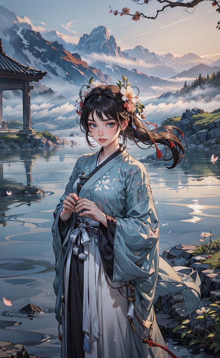 a girl, blossoms. mist and fog, smokey swirls, myhanfu,bifang