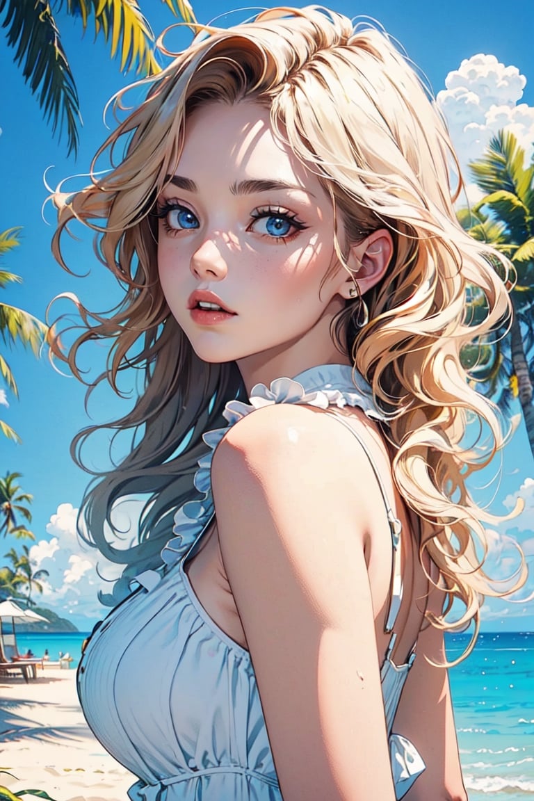 best quality, masterpiece, detailed, 16k, beautiful detailed face, beautiful detailed eyes, 8k, solo, prefect body, prefect face. A tropical girl, long blonde curly hair, beach dress, outdoor, blue sky, beautiful fantasy tropics, sweet smile, vivid color, sunshine, flowers, hibiscus, scenery,Beautiful Beach,