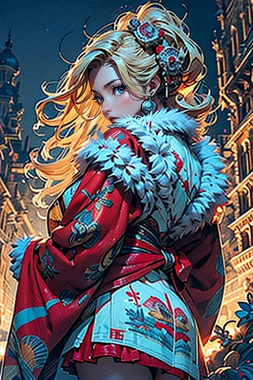 A girl with long blonde hair, wearing a fancy ornate (red and white) dress that combines a kimono and a fur cape, miniskirt, (scenery). intricate details, extremely detailed, incredible details, full colored, complex details, hyper maximalist, detailed decoration, detailed lines. masterpiece, best quality, HDR, UHD