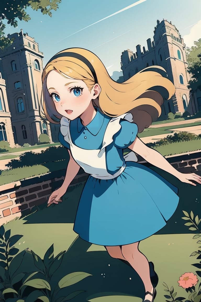 (1 girl:1.2), blue dress, white apron, black hairband, garden tea party, pastel colors, light particles, lighting, (highly detailed:1.2),(detailed face:1.2), (gradients), (detailed landscape, vegetation, bricks, carpet, buildings:1.2), (detailed background), detailed landscape, (dynamic pose:1.2), (rule of third_composition:1.3), (Line of action:1.2), daylight,AliceWonderlandWaifu,portrait