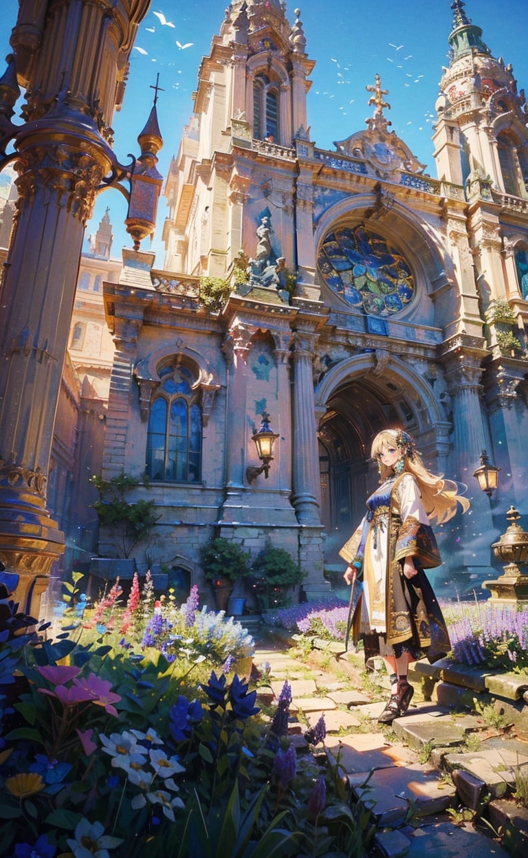 A girl with long blonde hair, wearing a fancy ornate (((folk dress))). fantastical and ethereal scenery, daytime, church, grass, flowers. Intricate details, extremely detailed, incredible details, full colored, complex details, hyper maximalist, detailed decoration, detailed lines. masterpiece, best quality, HDR,girl,masterpiece