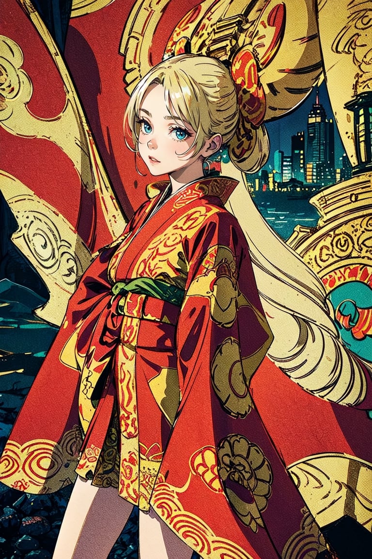 A girl with long blonde hair, wearing a fancy ornate red and white dress that combines a kimono and a fur cape, miniskirt, (scenery:1.3). intricate details, extremely detailed, incredible details, full colored, complex details, hyper maximalist, detailed decoration, detailed lines. masterpiece, best quality, HDR, UHD,t1g3rr0b3