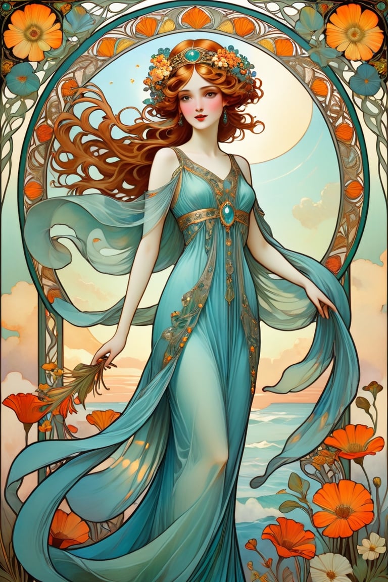 || The Art Nouveau poster with art deco frame, an oil painting, (featuring a goddess-like woman standing in the wind, wearing a fringe-flowing gown, with her headpiece fluttering,  with a picturesque scenery behind her, 1beautiful detailed girl, solo, full body) || best quality, stunning illustration, mysterious and detailed image, (in the style of Alfons Maria Mucha), (Art Nouveau), ultra highly detailed, mystical, luminism, flowers, complex background, (masterpiece, top quality, best quality, official art, beautiful and aesthetic:1.2), (fractal art:1.3), (colorful:1.5), highest detailed, (aristocracy:1.5), (Art Nouveau style), le style Mucha, modern poster arts,more detail XL, ,Girl,Flat vector art,art_booster,greg rutkowski,shards