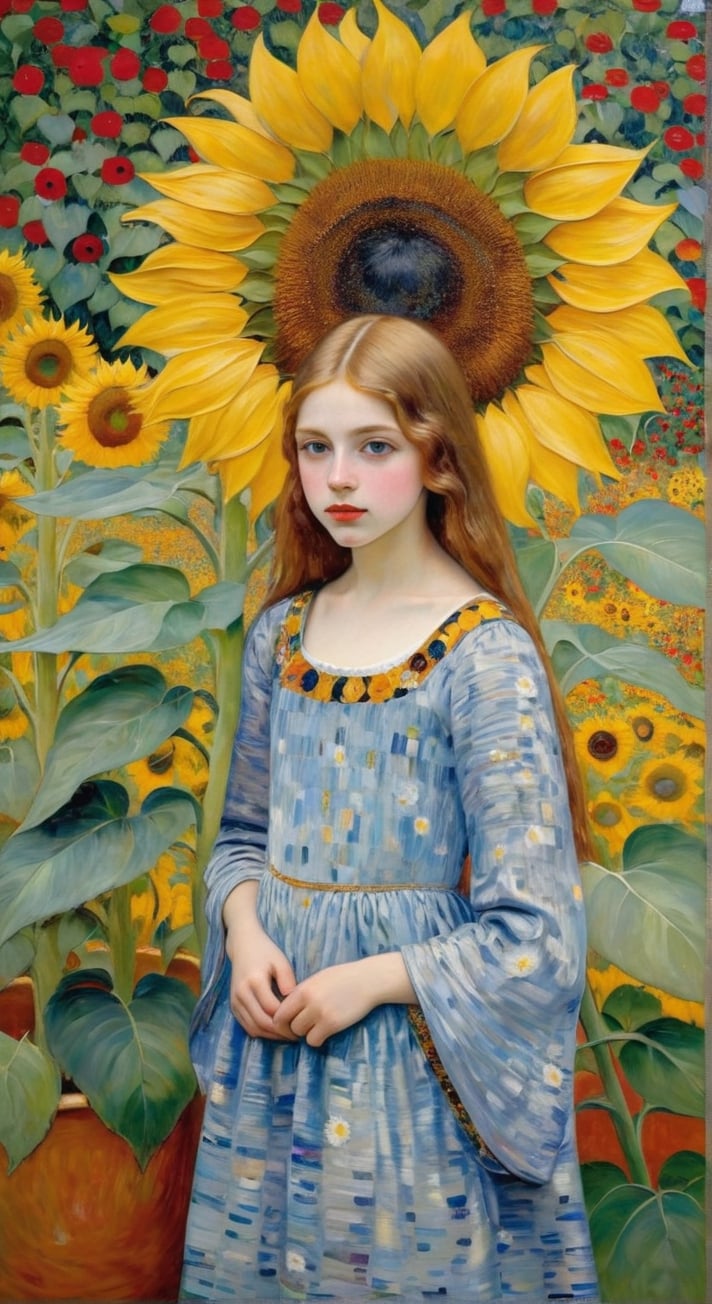 A girl in a picturesque garden, with Gustav Klimt's painting 'The Sunflower' in the background. Gustav Klimt 
,art_booster