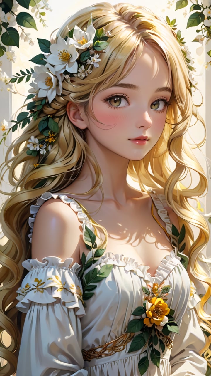 masterpiece, top quality, best quality, official art, beautiful and aesthetic:1.2), extreme detailed. 1 girl, long blonde hair, flowers and leaves entwined within her tresses, shades of white and yellow, wearing white top, ruffled detailing, embroidered pastel color floral chest motif, sleeves billowing at shoulders, tapering to wrists, hands clasped, soft and delicate aesthetic, intricate details in hair and clothing, light-hued background, subject focused, digital painting,