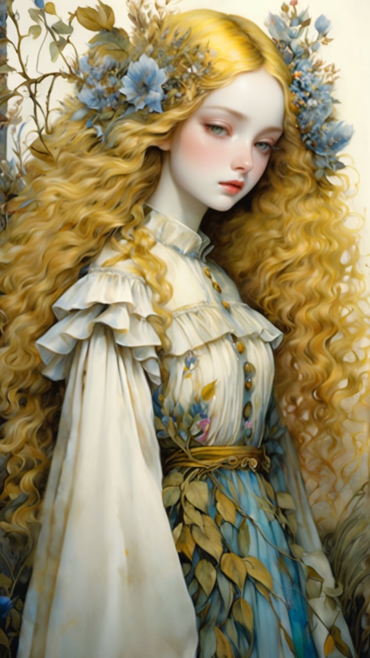 masterpiece, top quality, best quality, official art, beautiful and aesthetic:1.2), extreme detailed. 1 girl, long blonde hair, flowers and leaves entwined within her tresses, shades of white and yellow, wearing white top, ruffled detailing, embroidered pastel color floral chest motif, sleeves billowing at shoulders, tapering to wrists, hands clasped, soft and delicate aesthetic, intricate details in hair and clothing, light-hued background, subject focused, digital painting,more detail XL,watercolor \(medium\), in the style of esao andrews,