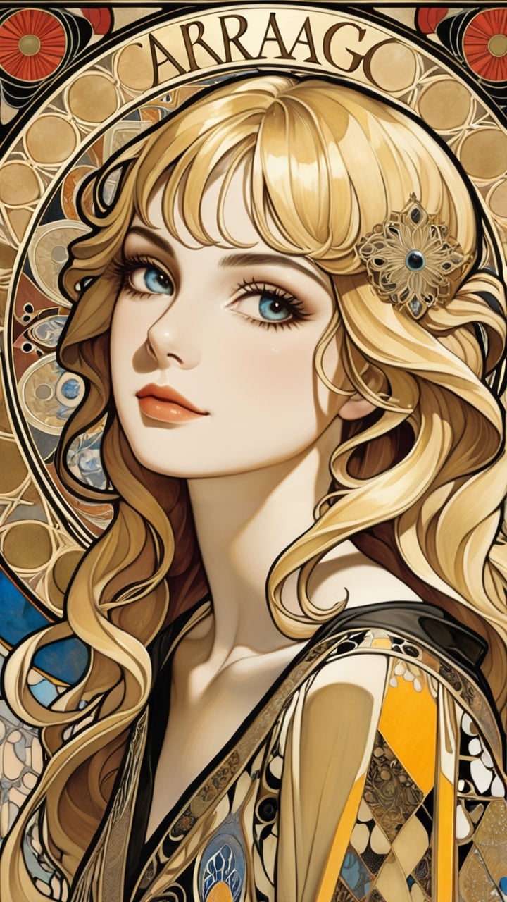 A beautiful girl, blonde hair, dynamic character, detailed exquisite face, bold high quality, high contrast, patchwork, vibrant colors, looking at viewer, intricate gold patterns,  (Gustav Klimt and Mucha and Caravaggio style artwork),art_booster,art nouveau