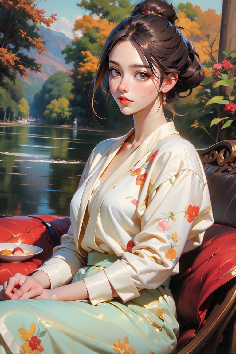 1 girl, picnic by the lake, mute colors, Rococo-style oil painting, masterpiece,More Detail,Colors