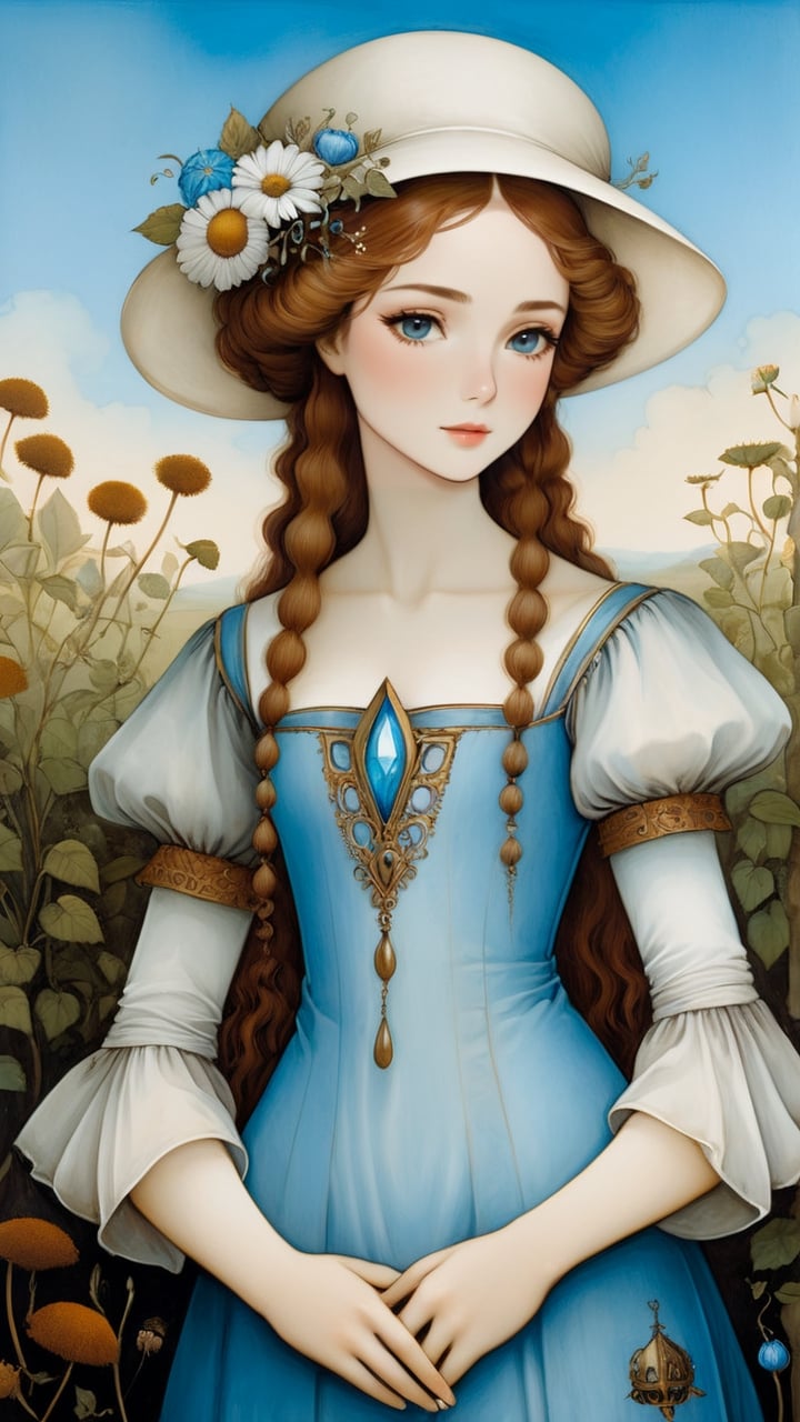 A protrait, resplendent ornate girl in the garden, wearing light white blue dress, by Leonardo da Vinci,art_booster, in the style of esao andrews