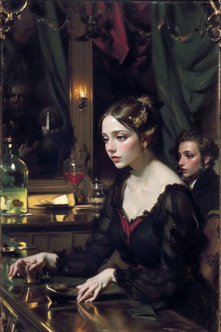 In a bustling Parisian bar with a bartender and patrons engaged in lively conversations, with reflections of the barmaid and the surrounding atmosphere in the mirrors behind. Capturing the essence of Manet's 'A Bar at the Folies-Bergeres'.
Masterpiece,oil painting,High detailed,masterpiece,classic painting