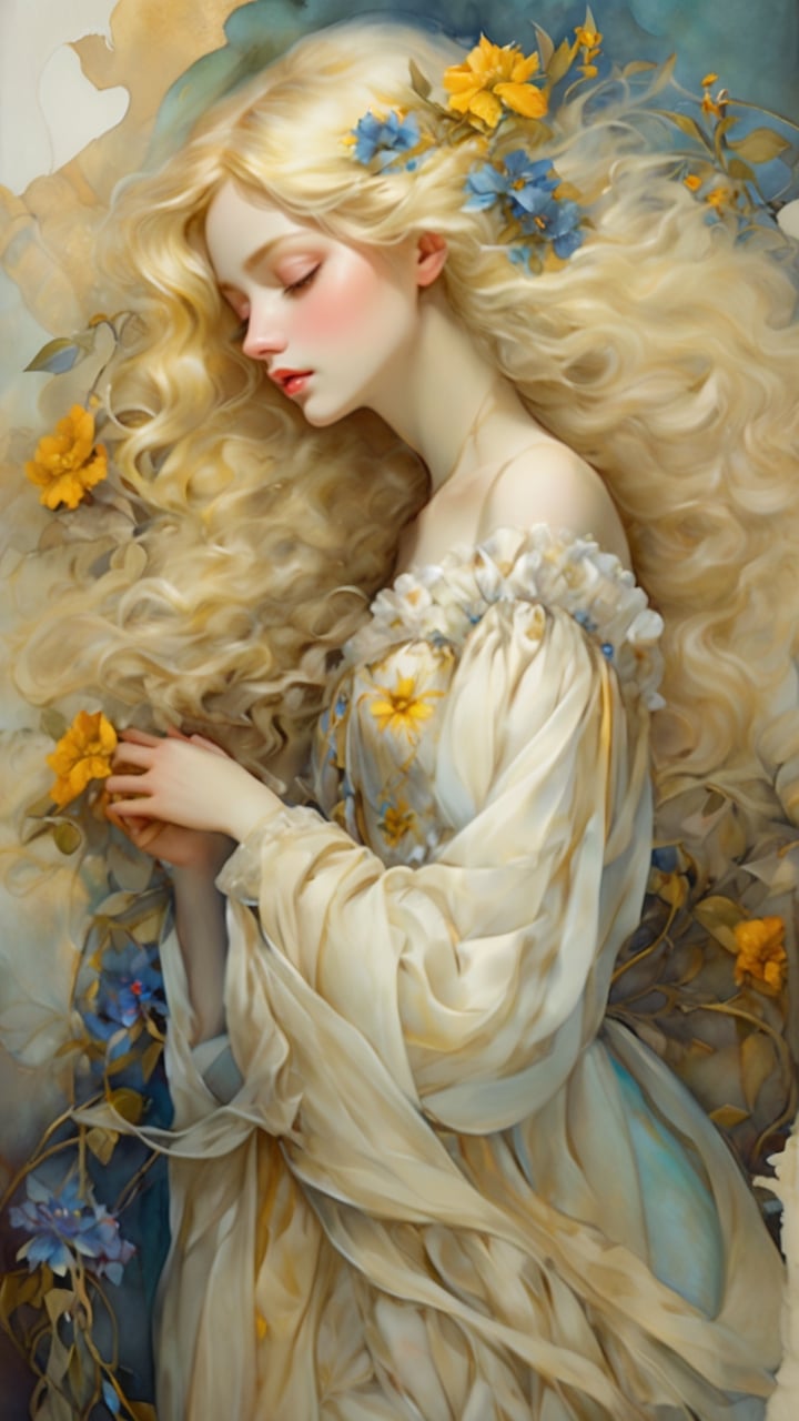 masterpiece, top quality, best quality, official art, beautiful and aesthetic:1.2), extreme detailed. 1 girl, long blonde hair, flowers and leaves entwined within her tresses, shades of white and yellow, wearing white top, ruffled detailing, embroidered pastel color floral chest motif, sleeves billowing at shoulders, tapering to wrists, hands clasped, soft and delicate aesthetic, intricate details in hair and clothing, light-hued background, subject focused, digital painting,more detail XL,watercolor \(medium\), in the style of esao andrews,