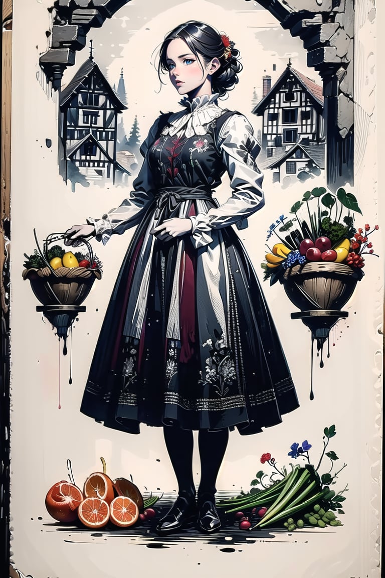 A medieval girl in traditional dress,  vegetables and fruits,  at a farmer's market by Aoi on Tensor.Art