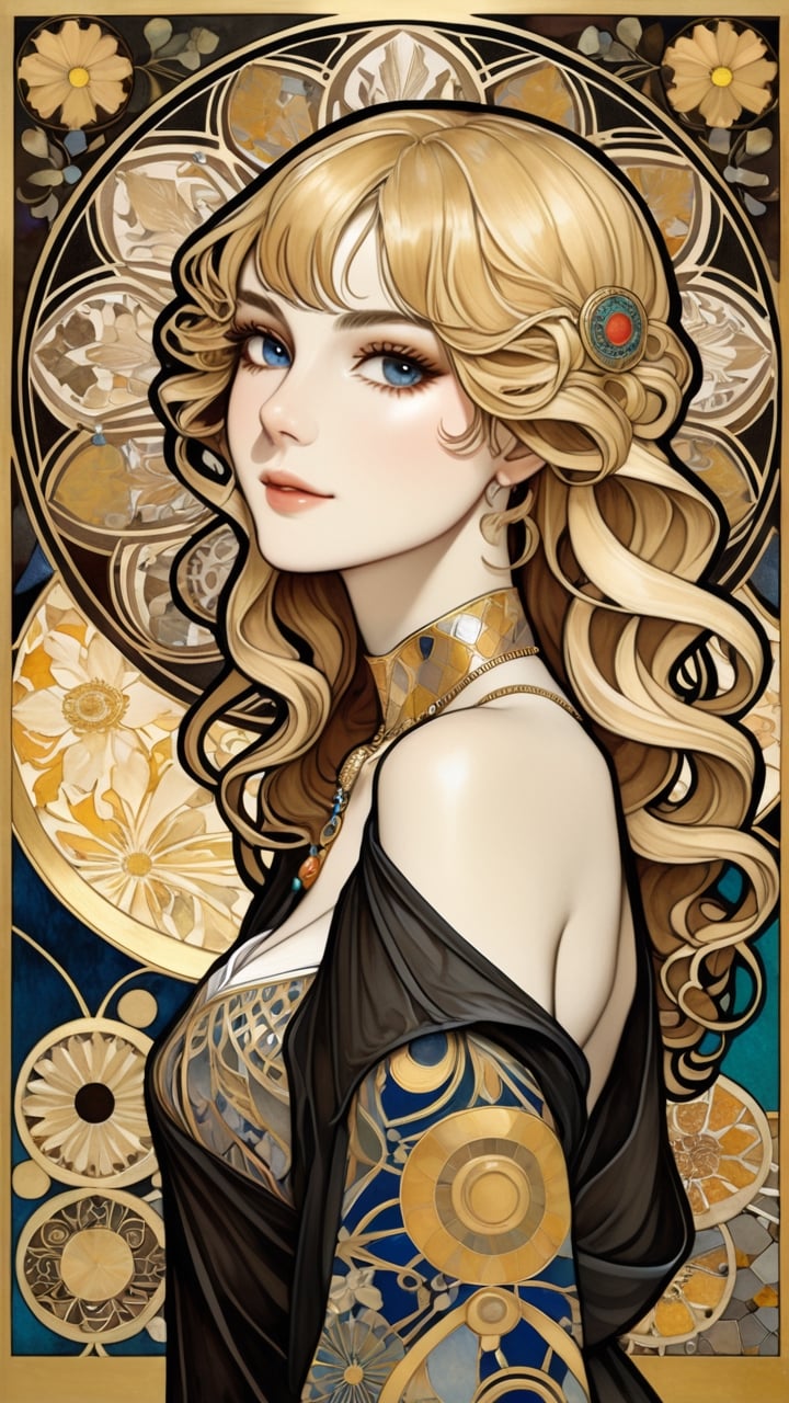 A beautiful girl, blonde hair, dynamic character, detailed exquisite face, bold high quality, high contrast, patchwork, vibrant colors, looking at viewer, intricate gold patterns, swirling motifs, (Gustav Klimt and Mucha and Caravaggio style artwork),art_booster,art nouveau