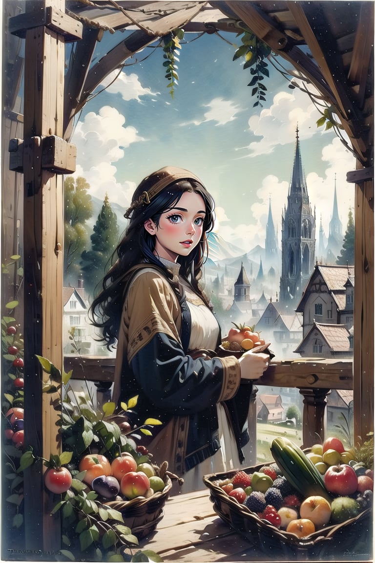 A medieval girl in traditional dress, vegetables and fruits, at a farmer's market, mysterious medieval, masterpiece,oil painting,classic painting,High detailed ,Half-timbered Construction,CrclWc