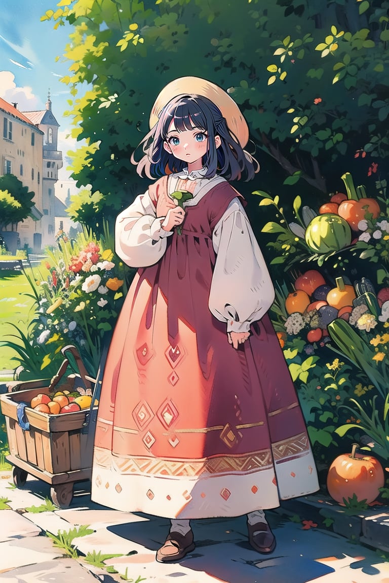 A medieval girl in traditional dress, vegetables and fruits, at a farmer's market, mysterious medieval, masterpiece,High detailed,watercolor,edgRenaissance,cartoon