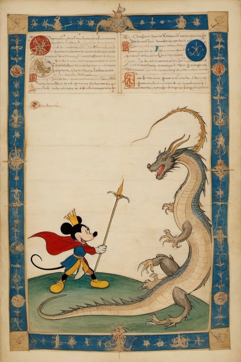 Voynich manuscript illustrating Mickey Mouse as a prince engages in a fierce battle with a menacing dragon,  his determina...