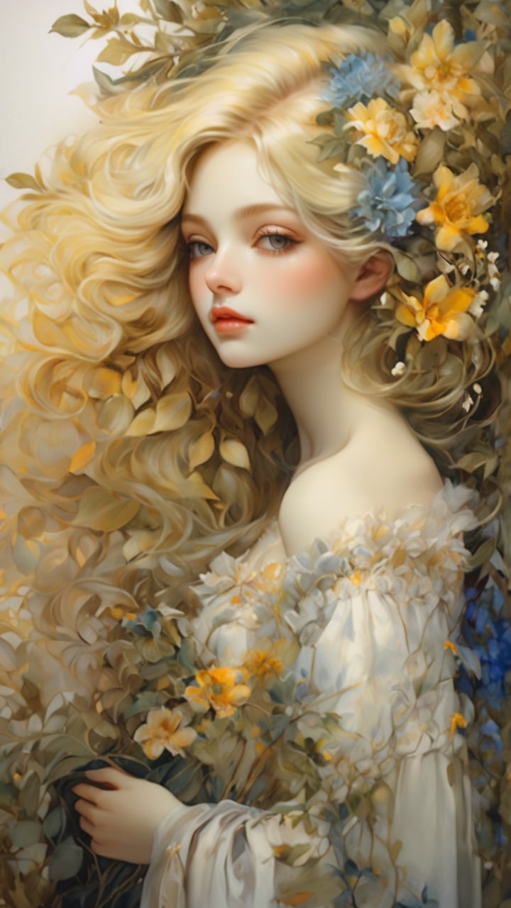 masterpiece, top quality, best quality, official art, beautiful and aesthetic:1.2), extreme detailed. 1 girl, long blonde hair, flowers and leaves entwined within her tresses, shades of white and yellow, wearing white top, ruffled detailing, embroidered pastel color floral chest motif, sleeves billowing at shoulders, tapering to wrists, hands clasped, soft and delicate aesthetic, intricate details in hair and clothing, light-hued background, subject focused, digital painting,more detail XL,watercolor \(medium\), in the style of esao andrews