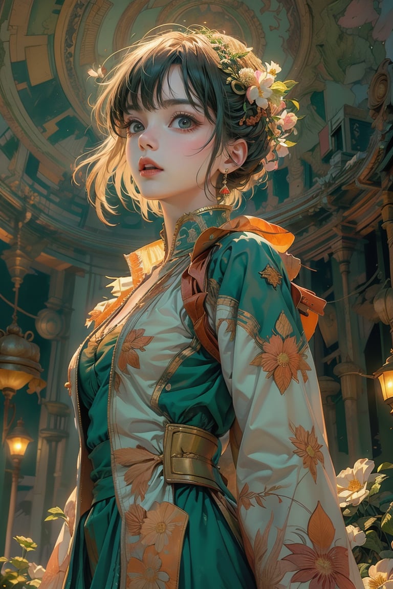 A serene maiden, clad in ethereal robes of pale green and creamy white, stands amidst a lush verdant backdrop, Renaissance beauty, by Raphael, edgRenaissance,Color Booster, masterpiece, ultra realistic illustration, ultra hires, ultra highres, colorful, vibrant colors, darl background, green theme, beautiful colorful flowers backgrounds, exposure blend, medium shot, bokeh, (hdr:1.4), high contrast, (cinematic, teal and orange:0.85), (muted colors, dim colors, soothing tones:1.3), low angle saturation,from below, looking away, Shinkai makoto, //Lighting atmospheric lighting, volumetric lighting, light_particles, soft light, soft shadow, fine detailed, volumetric top lighting