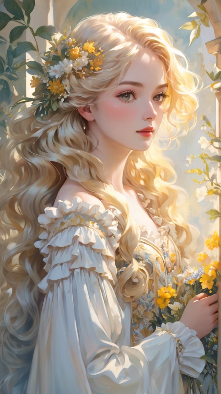 masterpiece, top quality, best quality, official art, beautiful and aesthetic:1.2), extreme detailed. 1 girl, long blonde hair, flowers and leaves entwined within her tresses, shades of white and yellow, wearing white top, ruffled detailing, embroidered pastel color floral chest motif, sleeves billowing at shoulders, tapering to wrists, hands clasped, soft and delicate aesthetic, intricate details in hair and clothing, light-hued background, subject focused, digital painting,watercolor \(medium\)