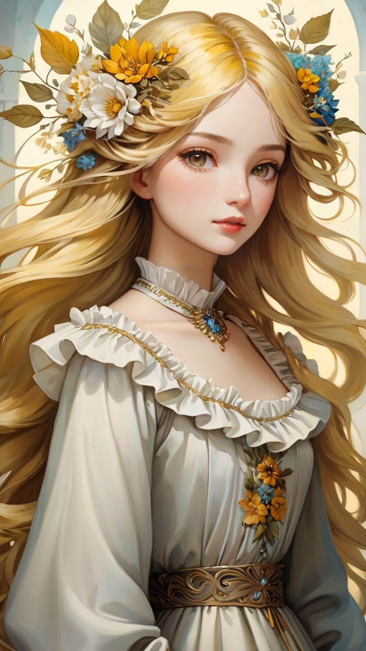 masterpiece, top quality, best quality, official art, beautiful and aesthetic:1.2), extreme detailed. 1 girl, long blonde hair, flowers and leaves entwined within her tresses, shades of white and yellow, wearing white top, ruffled detailing, embroidered pastel color floral chest motif, sleeves billowing at shoulders, tapering to wrists, hands clasped, soft and delicate aesthetic, intricate details in hair and clothing, light-hued background, subject focused, digital painting, in the style of esao andrews