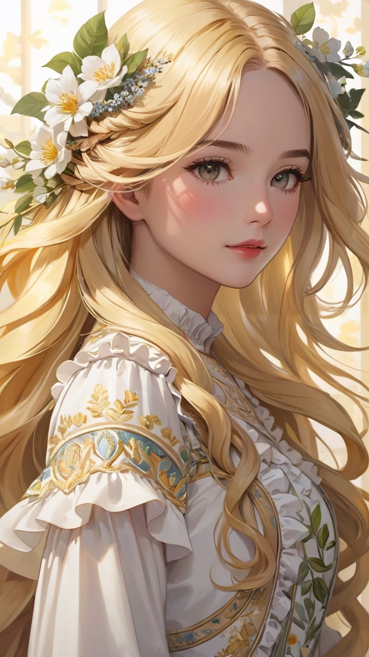 masterpiece, top quality, best quality, official art, beautiful and aesthetic:1.2), extreme detailed. 1 girl, long blonde hair, flowers and leaves entwined within her tresses, shades of white and yellow, wearing white top, ruffled detailing, embroidered pastel color floral chest motif, sleeves billowing at shoulders, tapering to wrists, hands clasped, soft and delicate aesthetic, intricate details in hair and clothing, light-hued background, subject focused, digital painting