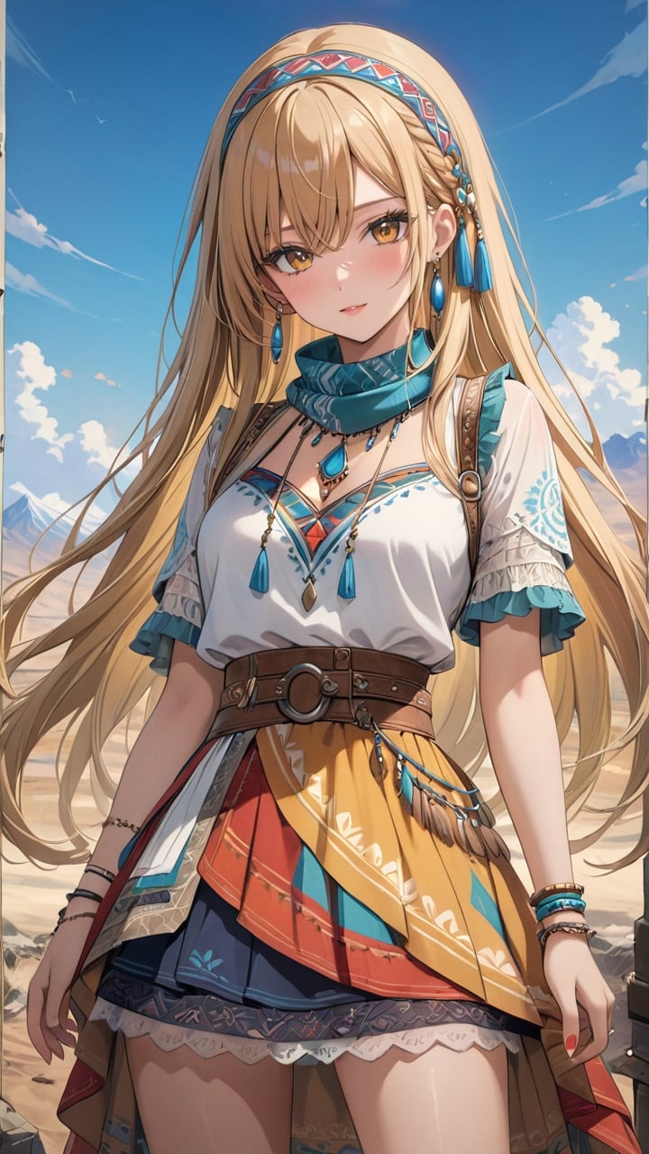 A stunning young woman dressed in Bohemian-style attire, (long straight hair:1.4), adorned with soft fabrics, white lace shirt, ethnic pattern prints layered skirt, bracelets, tassels, headbands, belts, and leather accents, exuding a free-spirited charm. (masterpiece, top quality, best quality, official art, beautiful and aesthetic:1.2), (1girl:1.4), blonde hair, portrait, extreme detailed, highest detailed, depth of field. full body shot, layered jewelry, headscarve, wasteland style,