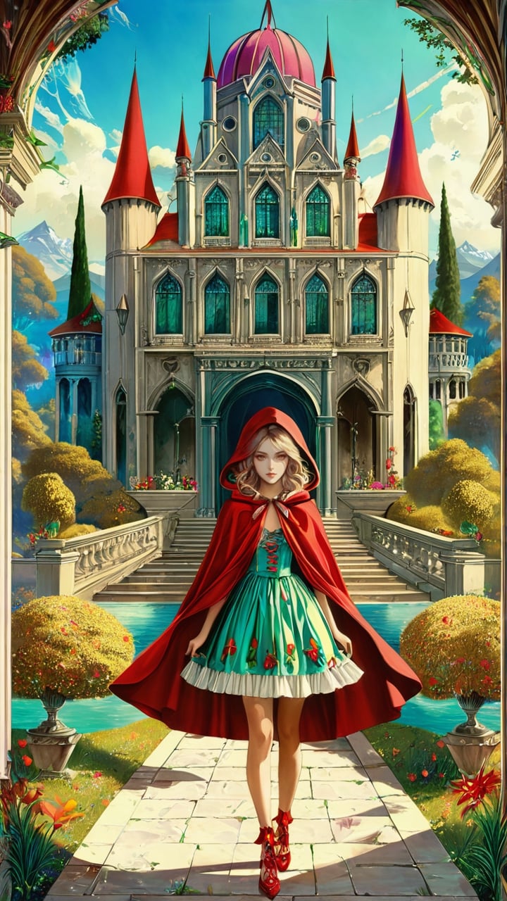 (1 girl:1.2), 'Little Red Riding Hood', Grimm's fairy tale and the Renaissance by Gustave Moreau, maximalism luxury and vibrant, daytime, outdoor, landscape, pastel colors, smooth and beautiful lines, ultra-realistic, fine textures and rich details, colorful,
