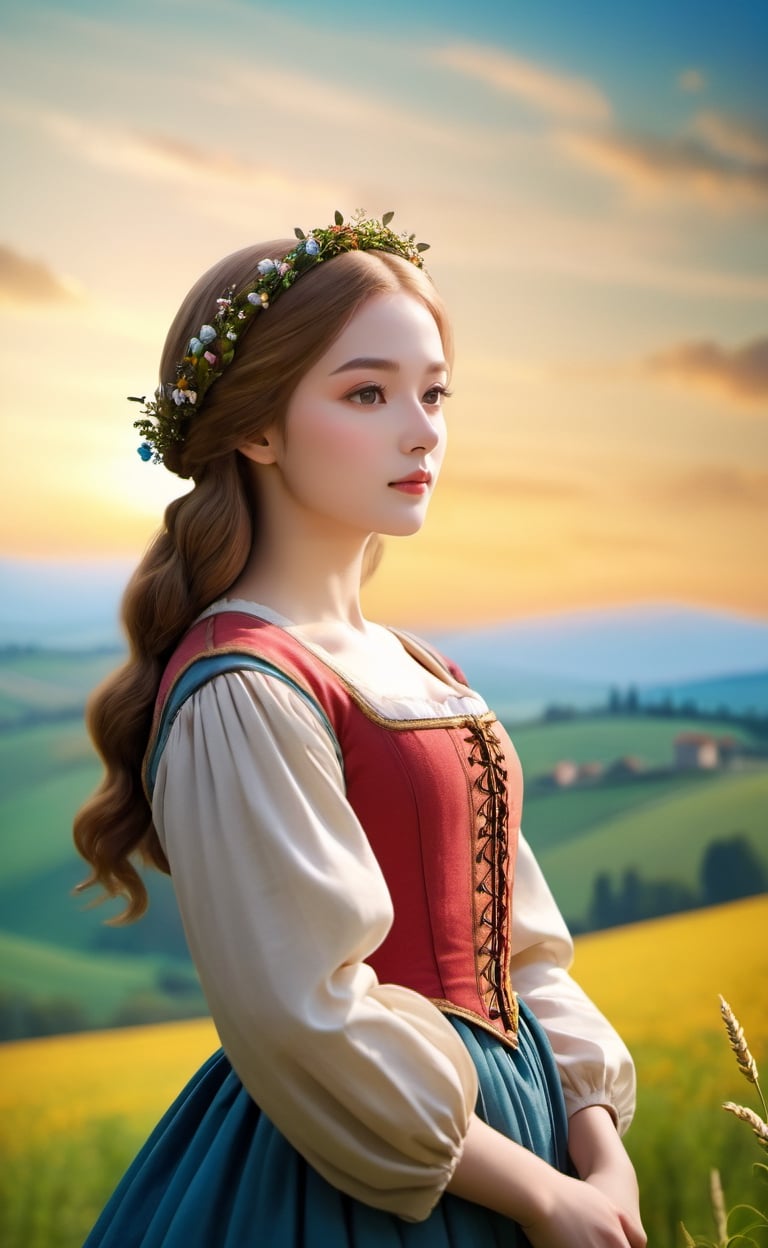 A shepherdess, in the style of the Renaissance, exuding elegance amidst pastoral beauty. (masterpiece, top quality, best quality, official art, beautiful and aesthetic:1.2), (1girl:1.4), portrait, extreme detailed, highest detailed, simple background, 16k, high resolution, perfect dynamic composition, bokeh, (sharp focus:1.2), super wide angle, high angle, high color contrast, medium shot, depth of field, blurry background,more detail XL,colorful, by Leonardo da Vinci