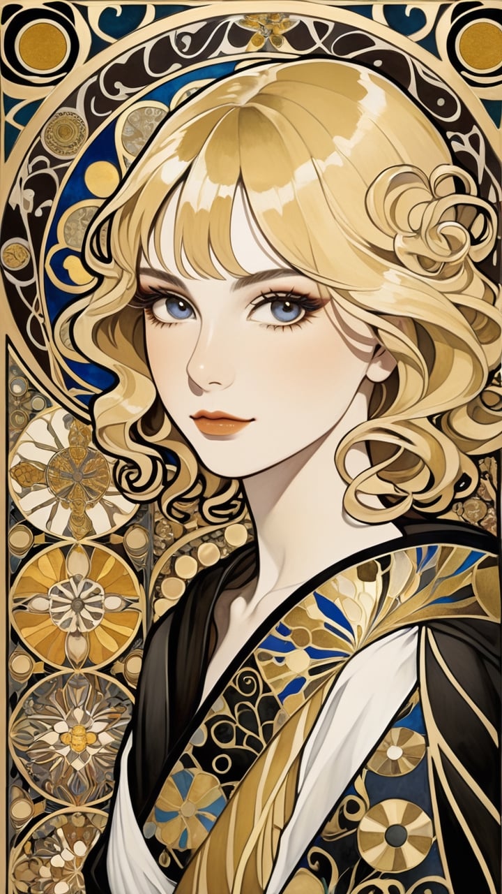 A beautiful girl, blonde hair, dynamic character, detailed exquisite face, bold high quality, high contrast, patchwork, vibrant colors, looking at viewer, intricate gold patterns, swirling motifs, (Gustav Klimt and Mucha and Caravaggio style artwork),art_booster,art nouveau