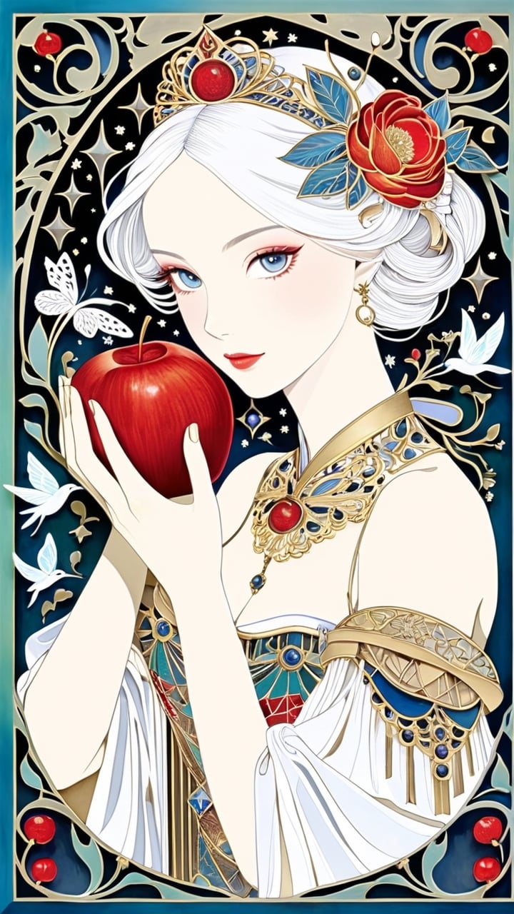 (1 girl:1.2), Snow White with red apple, Grimm's fairy tale and the Renaissance by bosch, maximalism luxury and vibrant, gold and white and red, upper body, smooth and beautiful lines, pastel color art nouveau background, ultra-realistic, fine textures and rich details of paper sculpture art, depth of three-dimensional sense, colorful, the image has a mysterious, extremely luminous and bright design, papercut