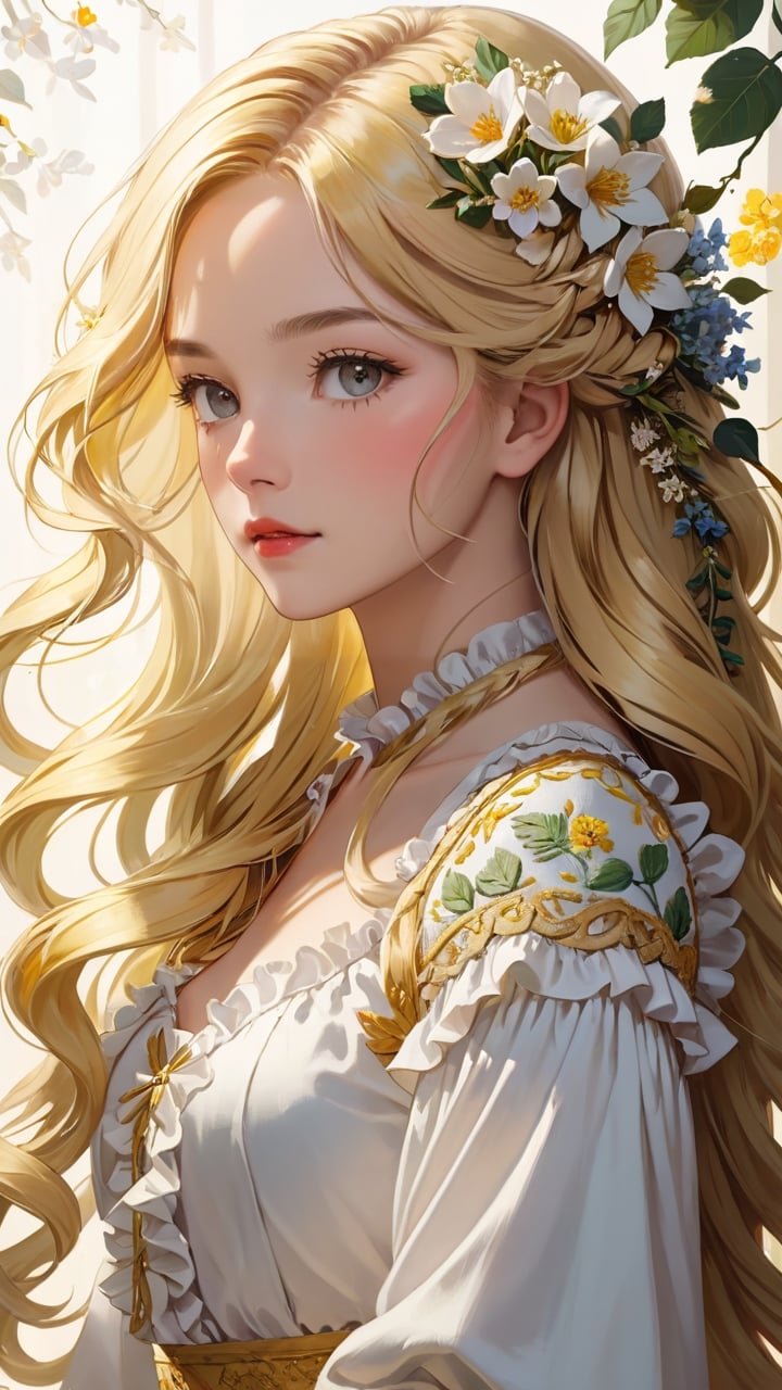 masterpiece, top quality, best quality, official art, beautiful and aesthetic:1.2), extreme detailed. 1 girl, long blonde hair, flowers and leaves entwined within her tresses, shades of white and yellow, wearing white top, ruffled detailing, embroidered pastel color floral chest motif, sleeves billowing at shoulders, tapering to wrists, hands clasped, soft and delicate aesthetic, intricate details in hair and clothing, light-hued background, subject focused, digital painting,