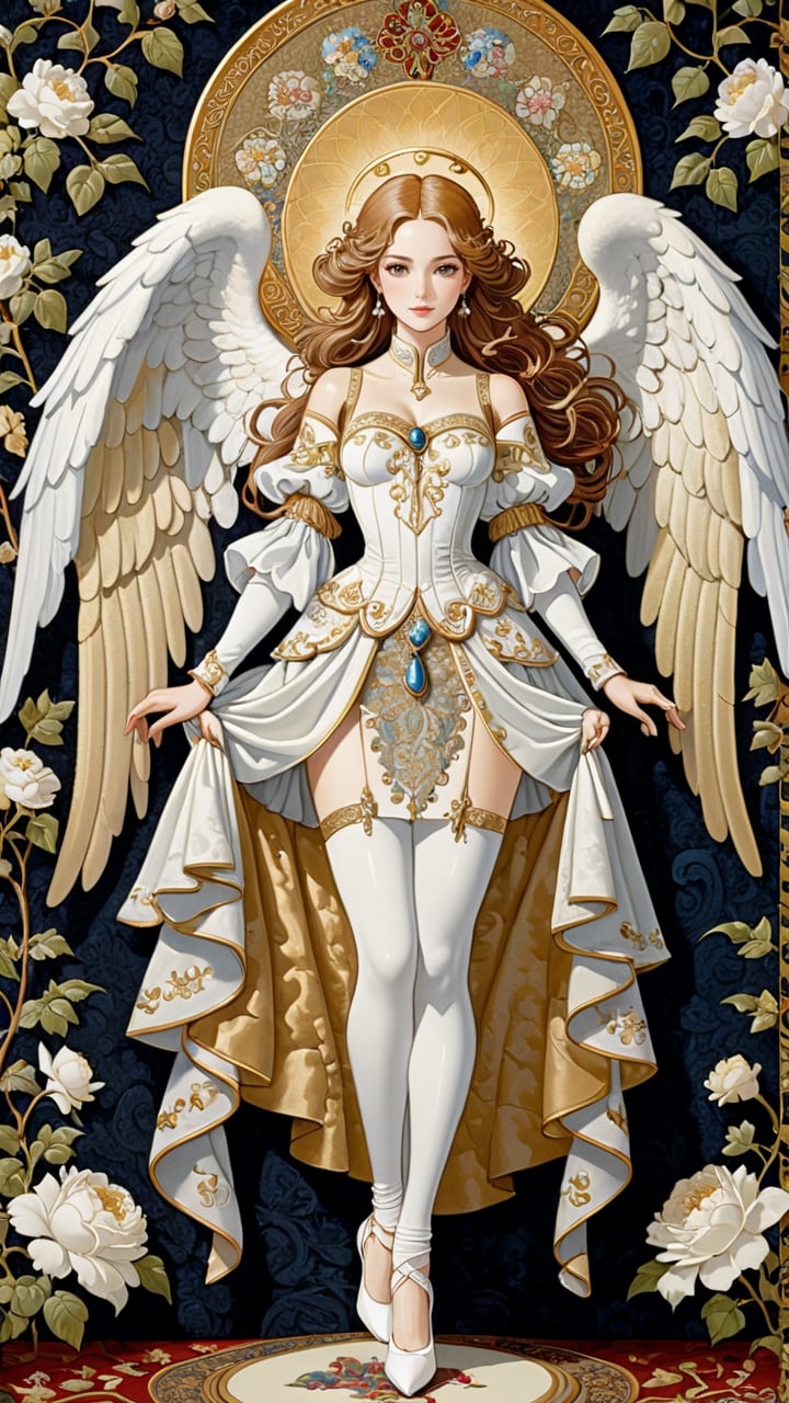 James C Christensen full body standing resplendent ornate female angel, wearing white taffeta and high heel shoes, tapestry background,more detail XL