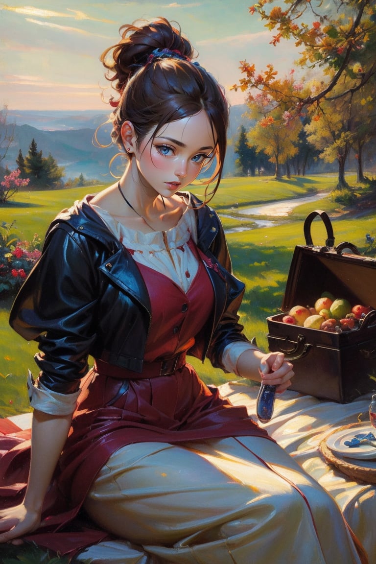 1 girl, picnic on the grass, mute colors, Rococo-style oil painting, (masterpiece, top quality, best quality, official art, beautiful and aesthetic:1.2), extreme detailed, highest detailed, masterpiece,More Detail,Colors