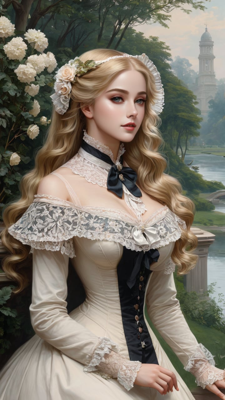 A girl in the Victorian era, outdoor, (masterpiece, top quality, best quality, official art, beautiful and aesthetic:1.2), (1girl:1.4), blonde hair, portrait, extreme detailed, highest detailed,hubggirl