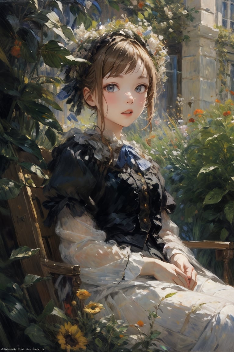 Renoir's Portrait of Irène Cahen d'Anvers,  capturing the innocence and charm of the young girl amidst a garden backdrop,...