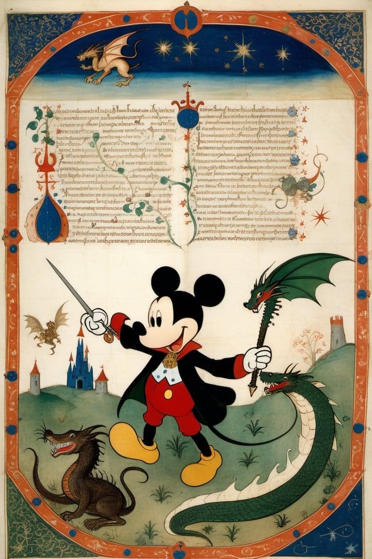 Voynich manuscript illustrating Mickey Mouse as a prince engages in a fierce battle with a menacing dragon,  his determina...
