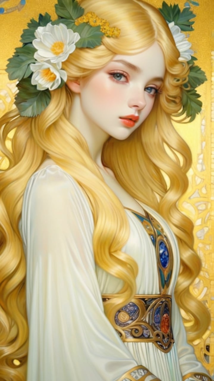 masterpiece, top quality, best quality, official art, beautiful and aesthetic:1.2), extreme detailed. 1 girl, long blonde hair, flowers and leaves entwined within her tresses, wearing white top, ruffled detailing, embroidered pastel color floral chest motif, sleeves billowing at shoulders, tapering to wrists, hands clasped, soft and delicate aesthetic, intricate details in hair and clothing, light-hued background, subject focused, digital painting, by Gustav Klimt and Mucha and Caravaggio,art_booster