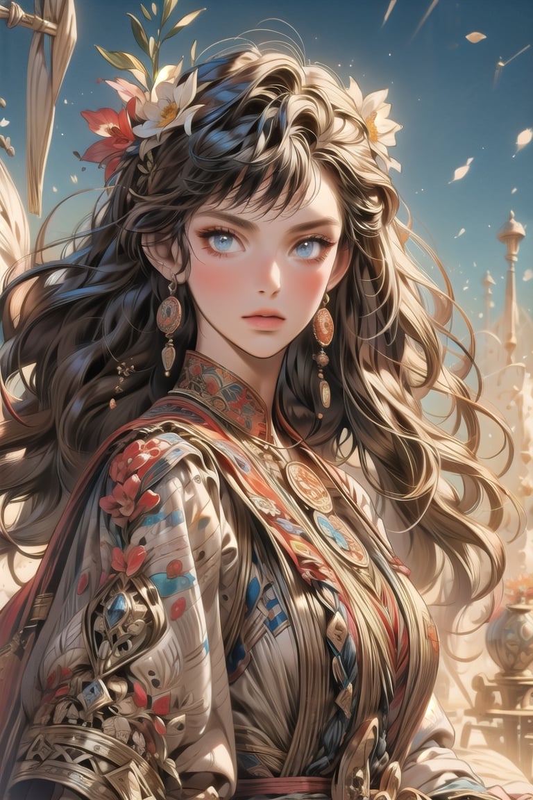 1 girl, flowers, outdoor, sky, extreme detailed, realistic, solo, official art, extremely detailed, extreme realistic, beautifully detailed eyes, detailed fine nose, detailed fingers. Art Nouveau,vane /(granblue fantasy/),CrclWc,centralasia,FOLK,perfect light,wrenchftmfshn,Nico,YAMATO,Blue hair,DonMSt34mP