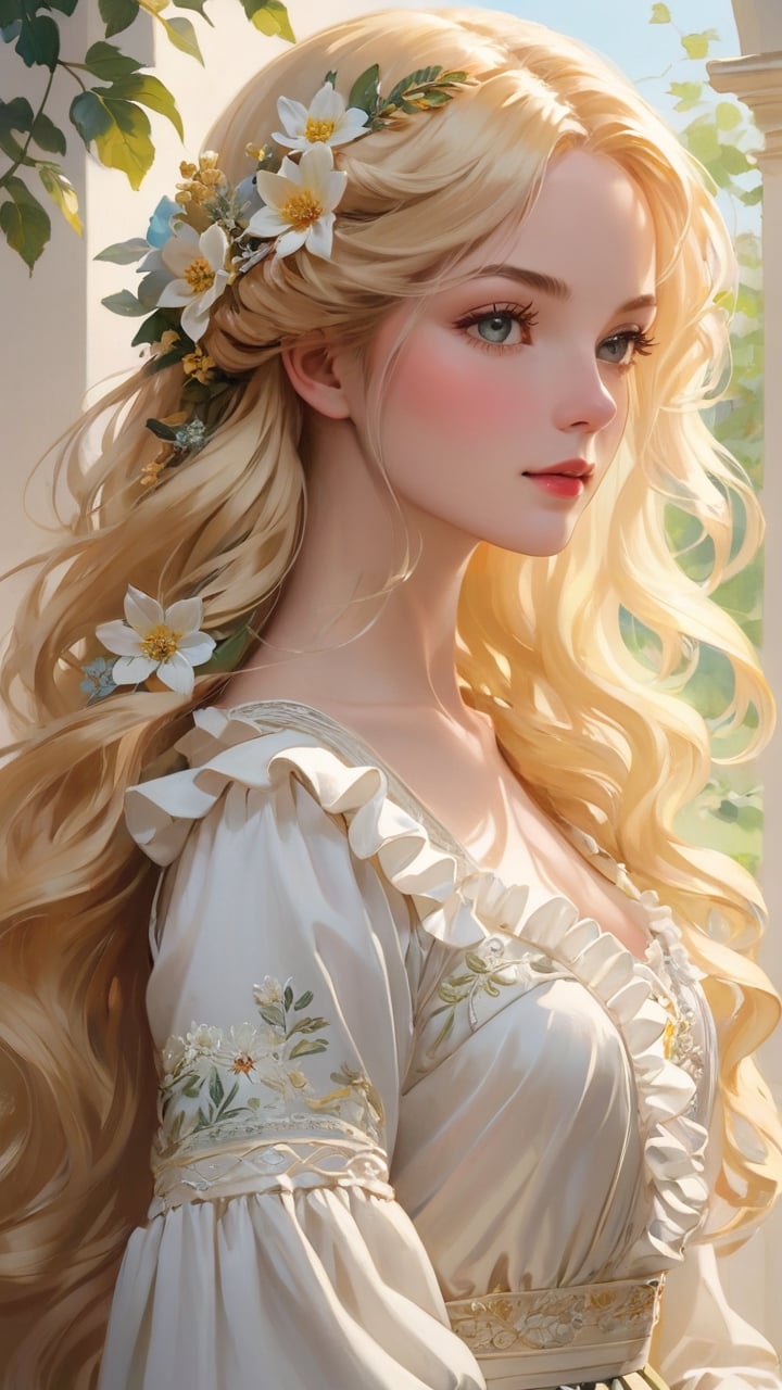 masterpiece, top quality, best quality, official art, beautiful and aesthetic:1.2), extreme detailed. 1 girl, long blonde hair, flowers and leaves entwined within her tresses, shades of white and yellow, wearing white top, ruffled detailing, embroidered pastel color floral chest motif, sleeves billowing at shoulders, tapering to wrists, hands clasped, soft and delicate aesthetic, intricate details in hair and clothing, light-hued background, subject focused, digital painting, ,art by sargent