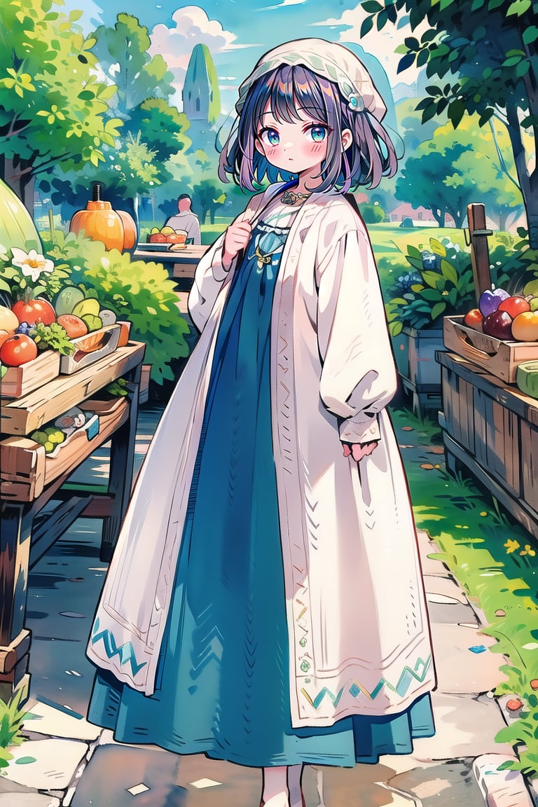 A medieval girl in traditional dress, vegetables and fruits, at a farmer's market, mysterious medieval, masterpiece,High detailed,watercolor,edgRenaissance,cartoon