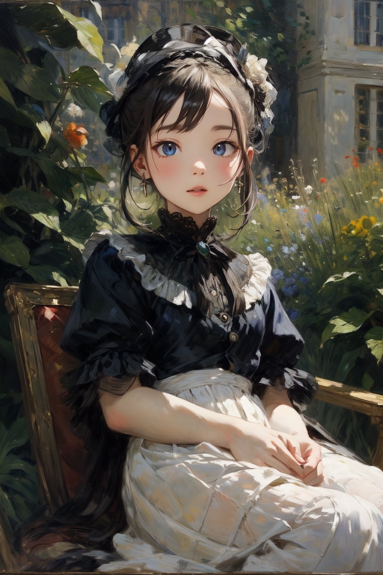 A innocence and charm of the young girl amidst a garden backdrop,  her gaze filled with curiosity and wonder. Capturing th...