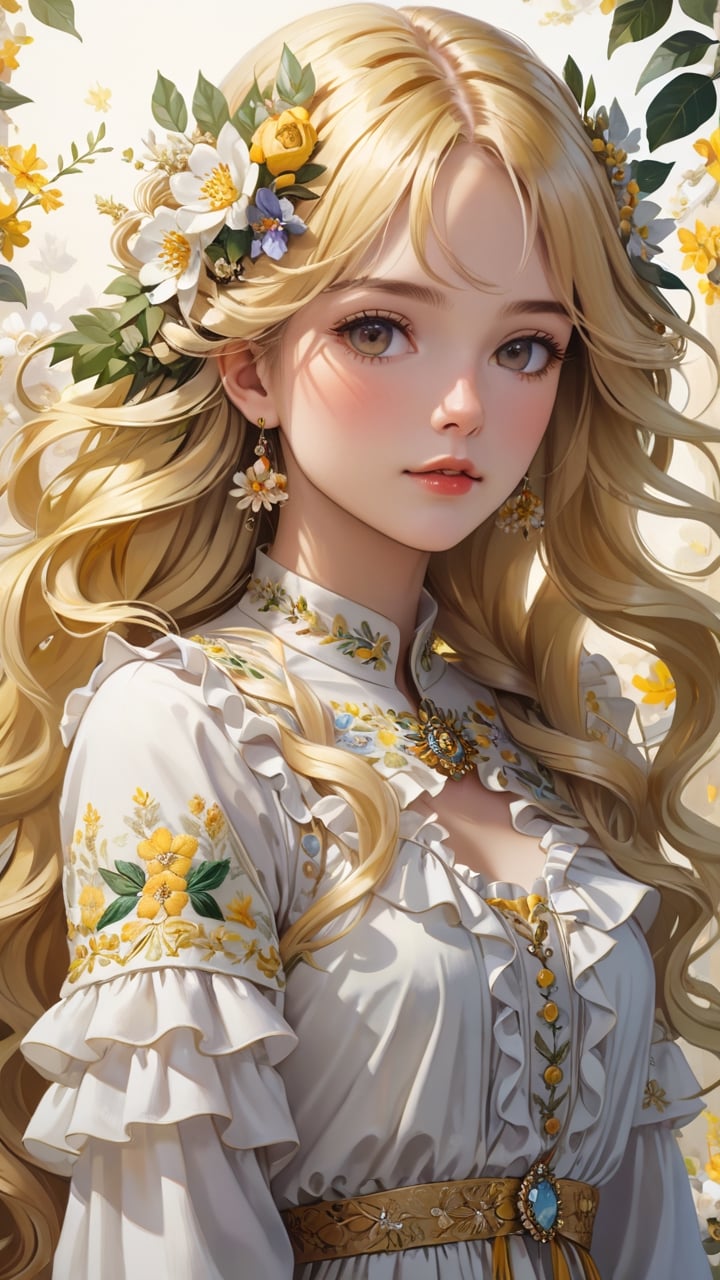 masterpiece, top quality, best quality, official art, beautiful and aesthetic:1.2), extreme detailed. 1 girl, long blonde hair, flowers and leaves entwined within her tresses, shades of white and yellow, wearing white top, ruffled detailing, embroidered pastel color floral chest motif, sleeves billowing at shoulders, tapering to wrists, hands clasped, soft and delicate aesthetic, intricate details in hair and clothing, light-hued background, subject focused, digital painting,more detail XL