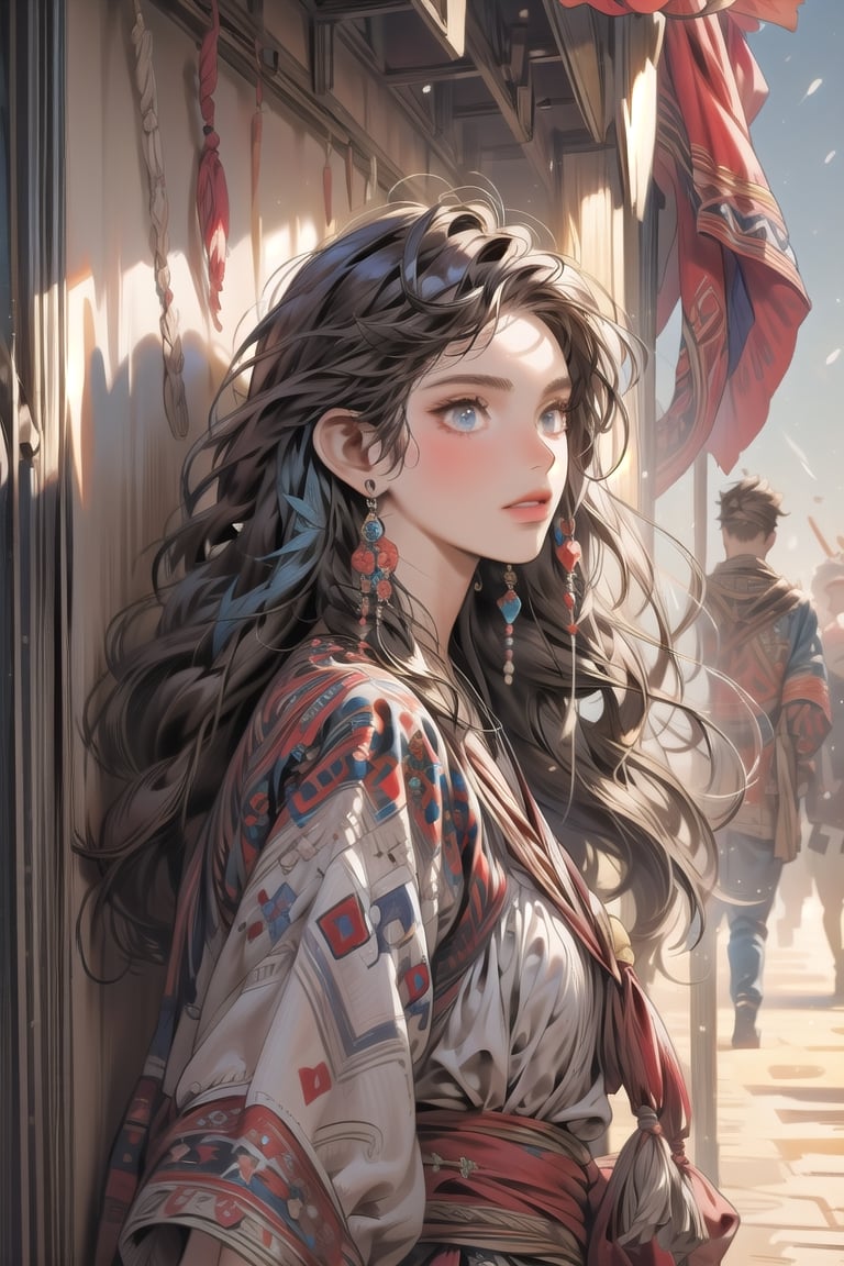 1 girl, flowers, outdoor, sky, extreme detailed, realistic, solo, official art, extremely detailed, extreme realistic, beautifully detailed eyes, detailed fine nose, detailed fingers. Art Nouveau,vane /(granblue fantasy/),CrclWc,centralasia,FOLK,perfect light,wrenchftmfshn,Nico,YAMATO,Blue hair