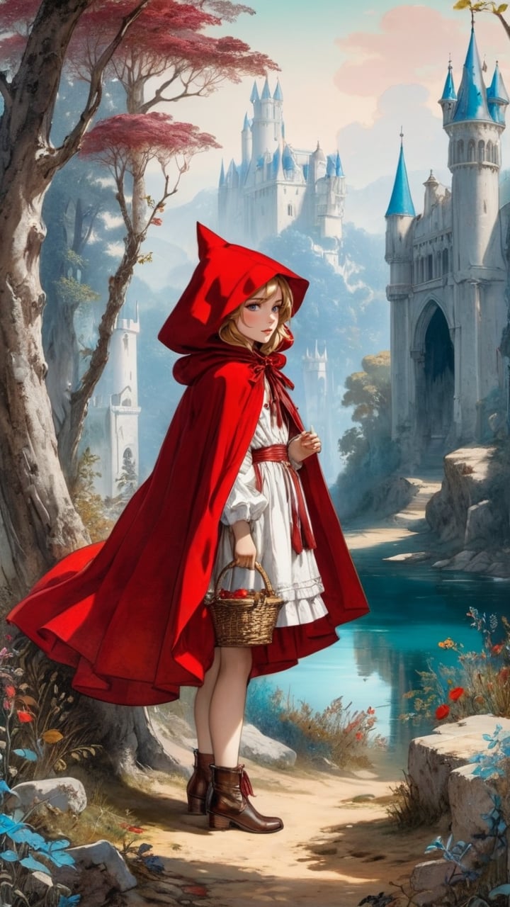 (1 girl:1.2), 'Little Red Riding Hood', Grimm's fairy tale and the Renaissance by Gustave Moreau, maximalism luxury and vibrant, daytime, outdoor, landscape, pastel colors, smooth and beautiful lines, ultra-realistic, fine textures and rich details, colorful,
