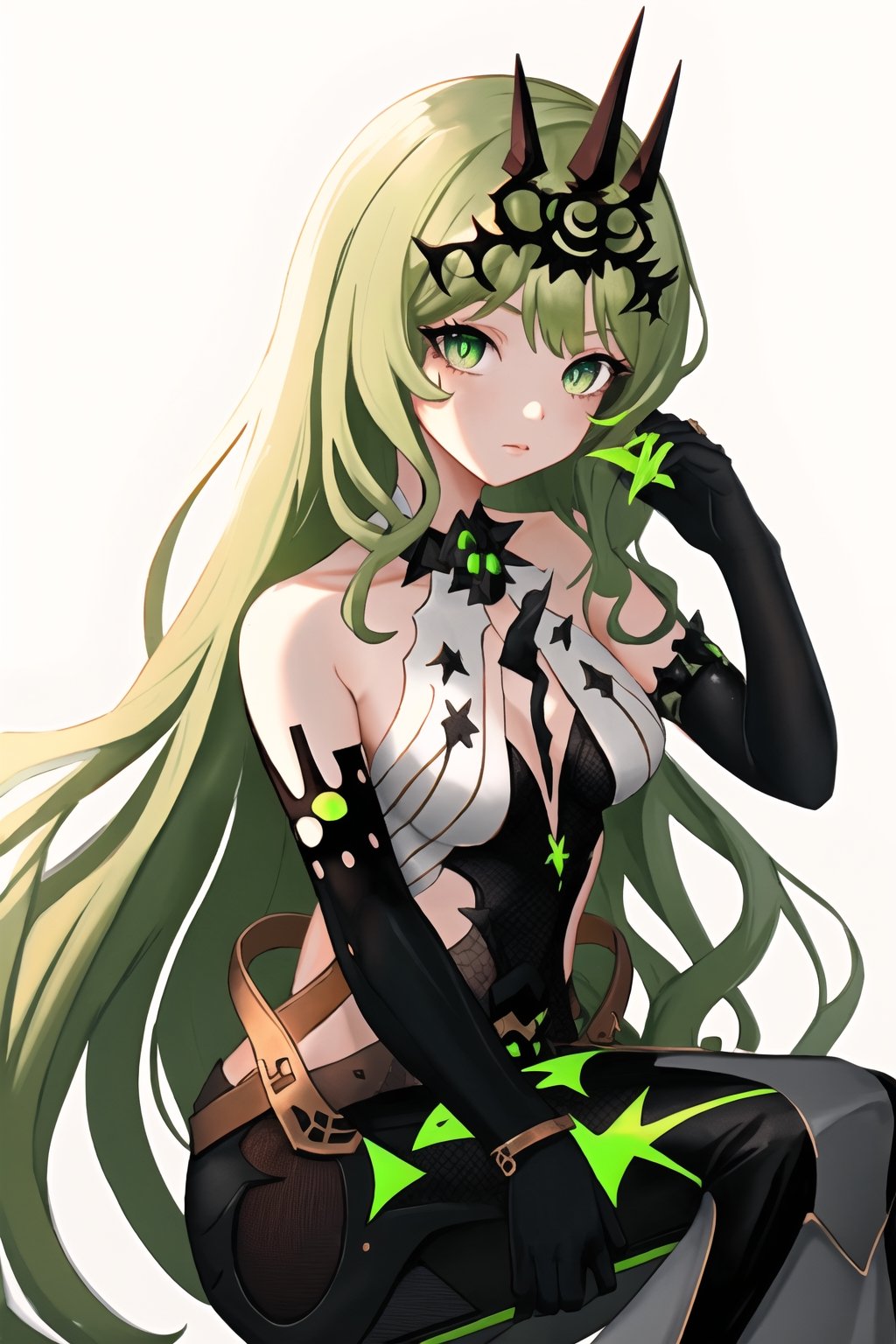 1girl, solo, long hair, looking at viewer, bangs, simple background, gloves, dress, bare shoulders, green eyes, full body, green hair, sleeveless, black gloves, elbow gloves, grey background, black dress, see-through, sleeveless dress, crown, asymmetrical gloves, mismatched gloves, claw ring, Mobius ,